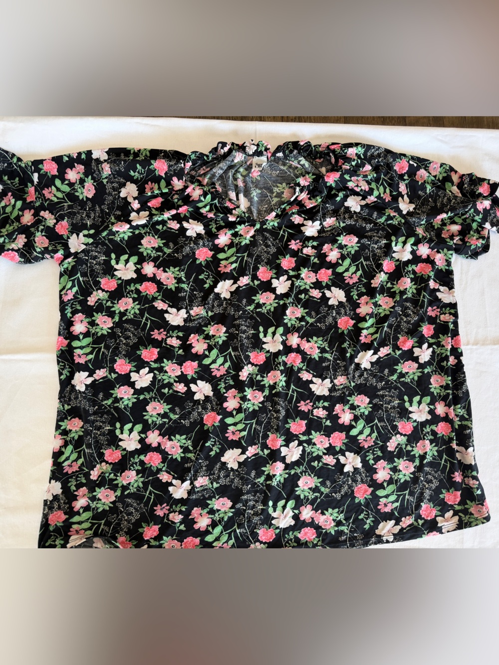 Sew In Love Black Floral Short-Sleeve Top with Pink & White Flowers